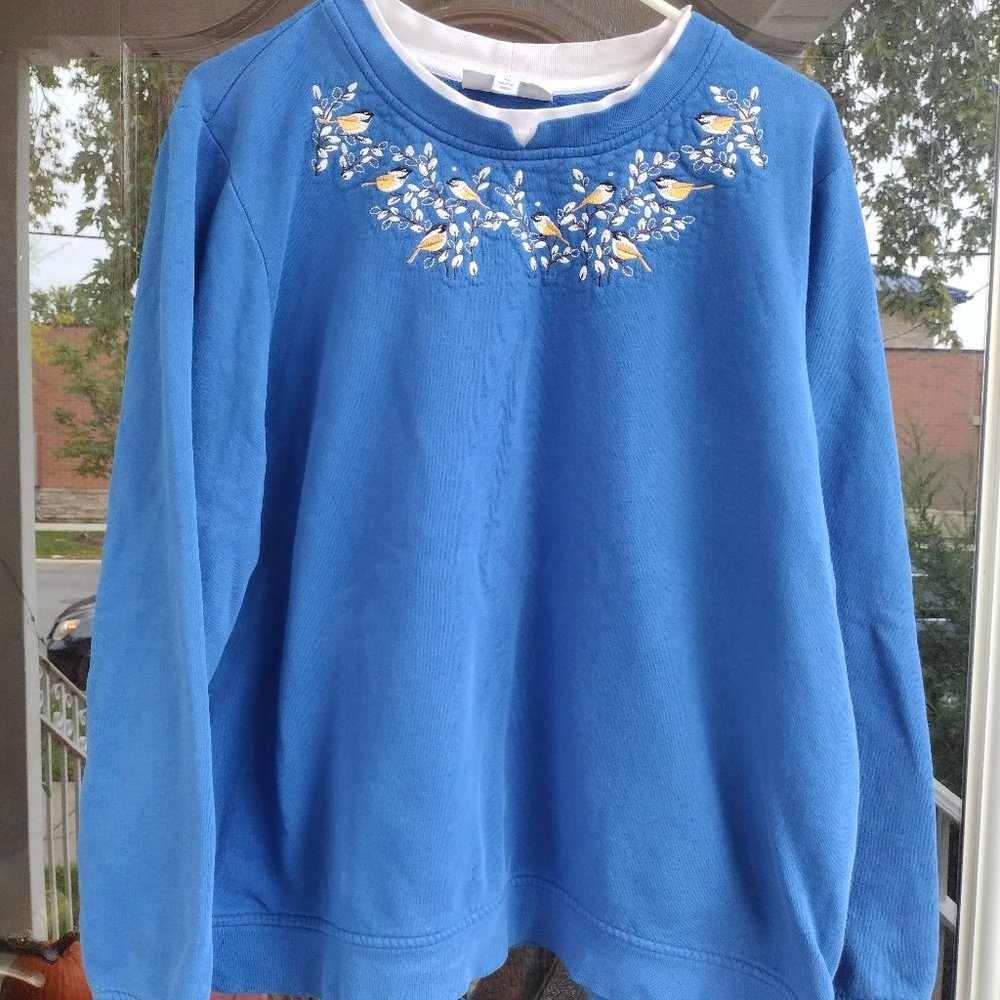 Breckenridge Blue Embroidered Bird Long Sleeve Crewneck Sweatshirt Sz XL.